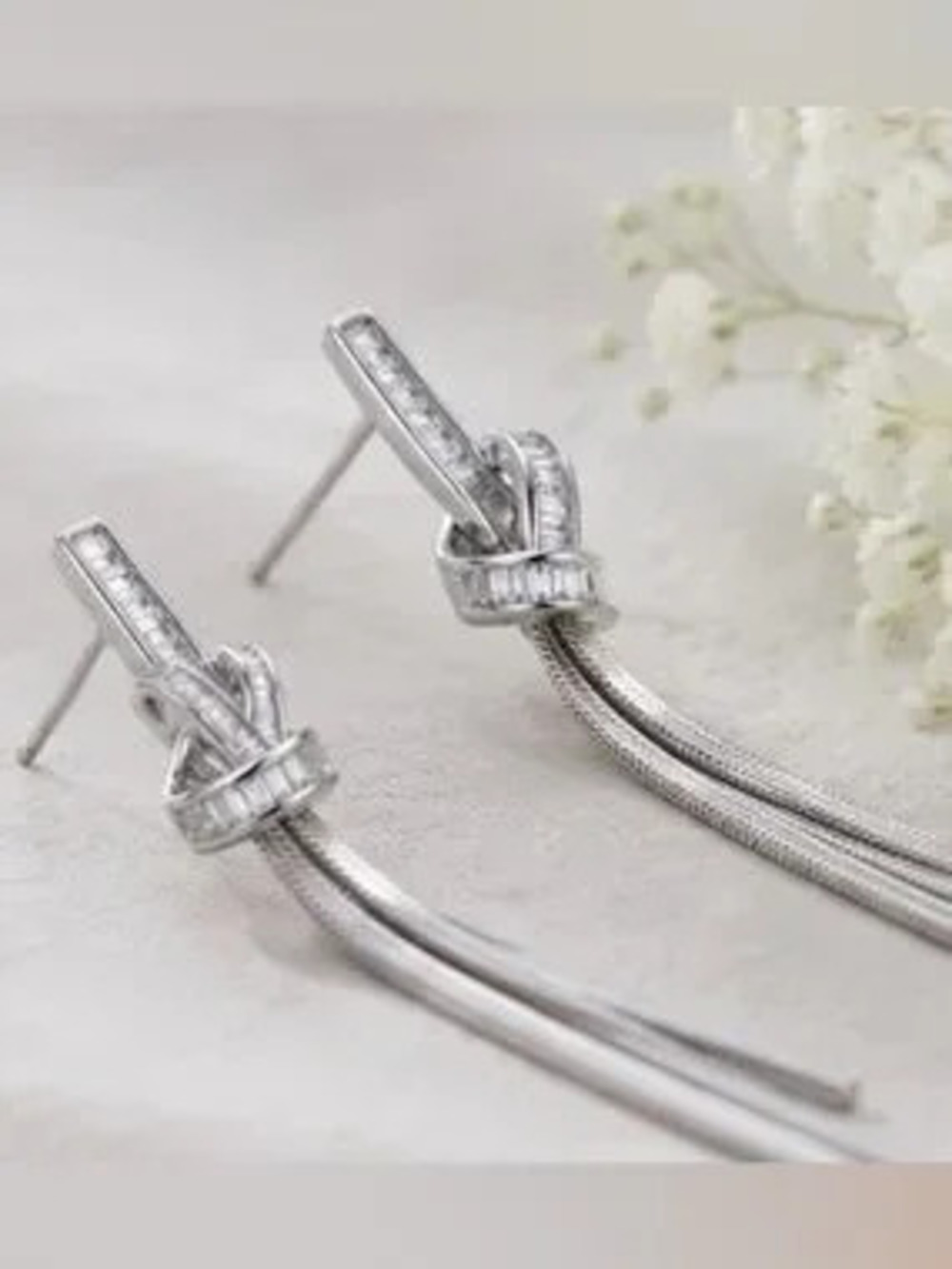 Silver Baguette Knot Tassel Earrings Luxury Evening Statement Jewelry
